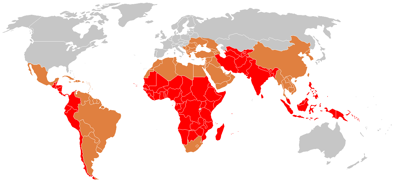 World map showing high (red) and moderate (orange) typhoid-burden countries